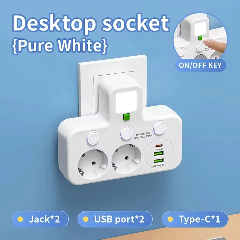 EU Plug Multi Socket Power Strip with USB-C USB Ports Night Light Individual Switches 2500W Wall Charger Adapter for Home Office Peaceful Pleasures Health and Wellness White 2 holes EU Plug