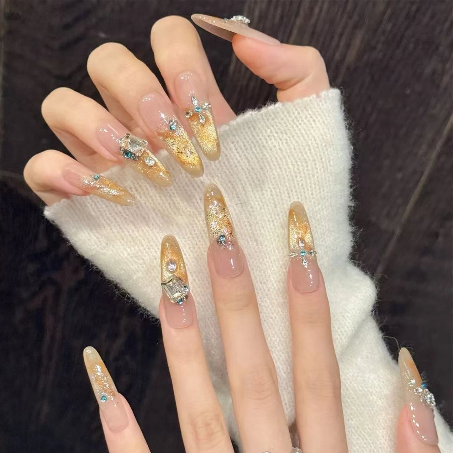 Glass Bead Cat Eye Press On Nails – 10pc Luxury False Nail Set