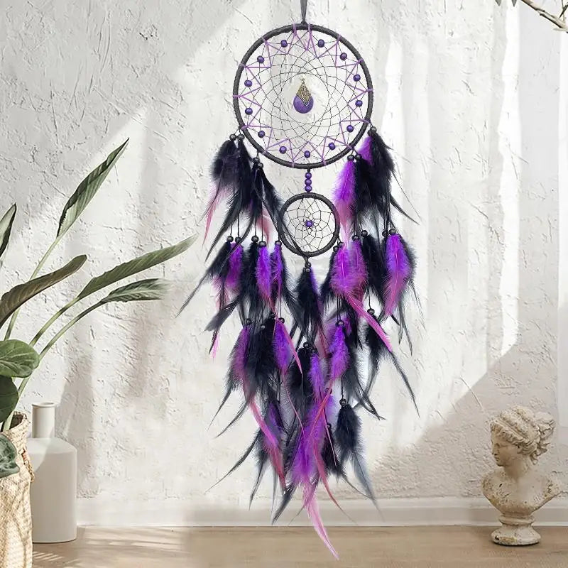 Hand-Woven Dreamcatcher with Feathers & Crystals | Boho Decor