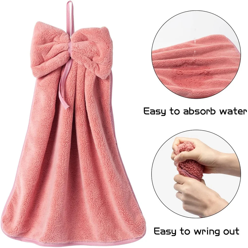 Bow Hanging Hand Towel – Absorbent Coral Fleece Kitchen & Bath