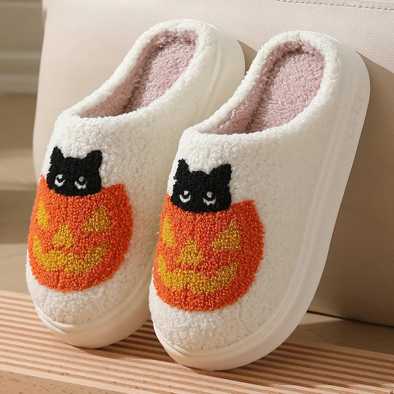 Halloween Pumpkin Cat Plush Slippers – Cozy Indoor House Shoes
