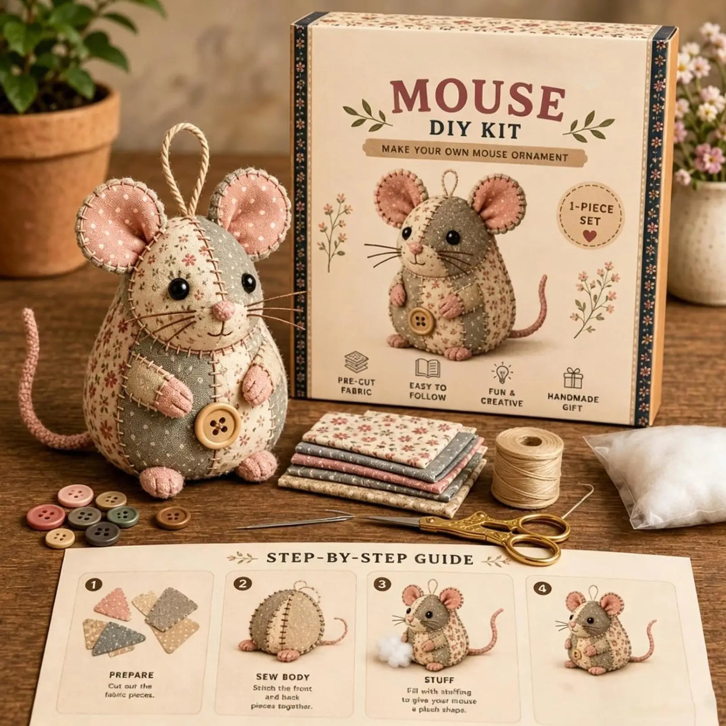 Patchwork Mouse DIY Sewing Kit – Floral Fabric Craft Set DIY Sewing Craft Kit Peaceful Pleasures Health and Wellness
