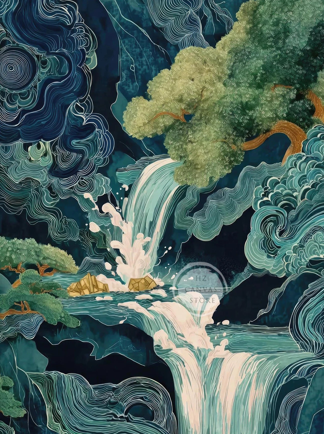 Hokusai Waterfall Oil Painting Print Japanese Ukiyo-e Blue Green Wall Art Modern Canvas Poster Living Room Bedroom Home Decor Peaceful Pleasures Health and Wellness gh3-2 20x30cm
