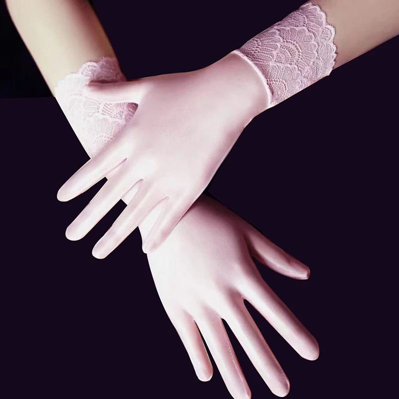 NEW Women Oil Glossy Tight Stocking Gloves Sexy High Elastic Transparent Ultra-Thin Clubwear Short Wrist Gloves Peaceful Pleasures Health and Wellness pink lace trim