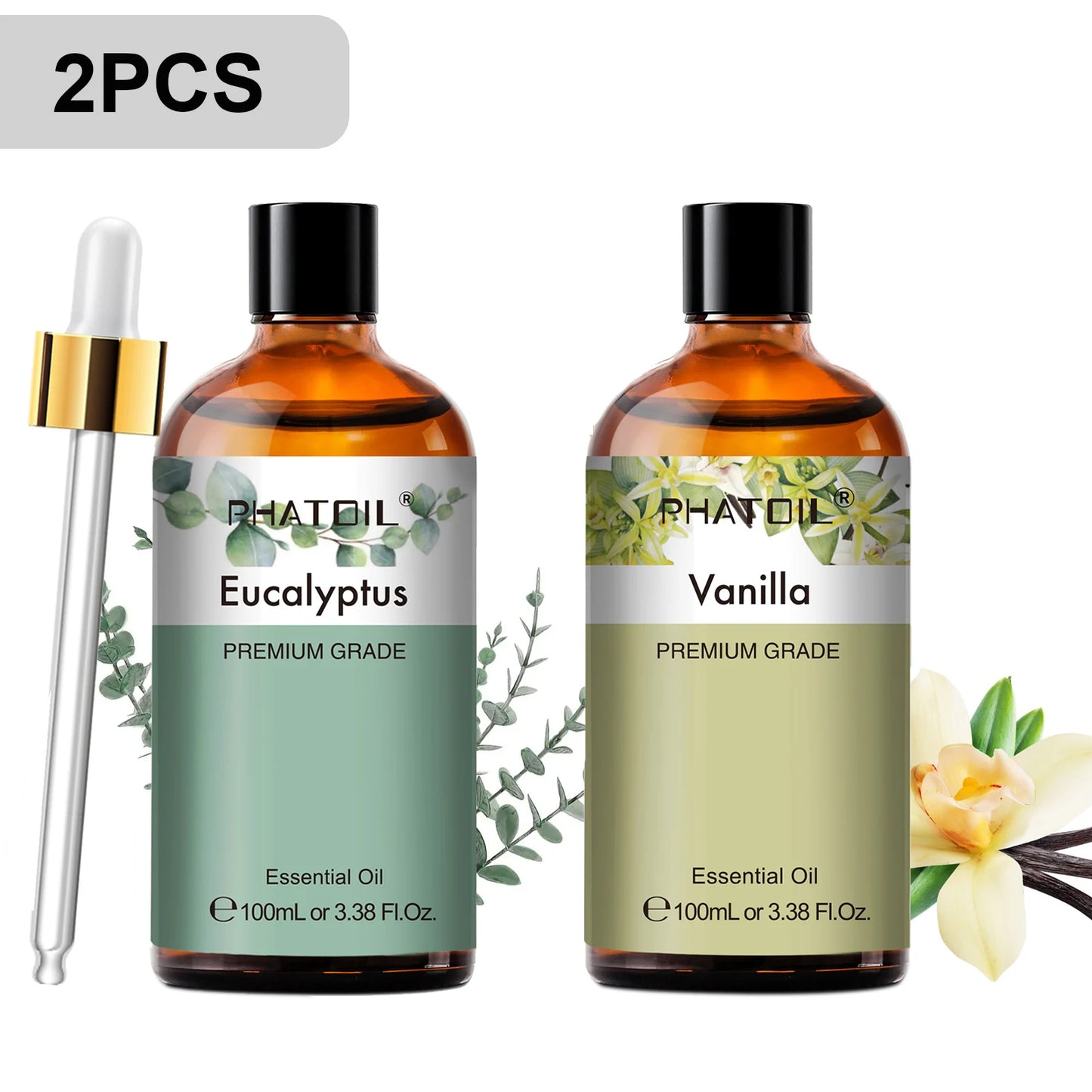 PHATOIL 2pcs/1pcs Lavender Aromatherapy Essential Oil For Diffuser,Candle Making-100ml Eucalyptus Jasmine Vanilla Cinnamon Oils Peaceful Pleasures Health and Wellness Eucalyptus Vanilla 100ml
