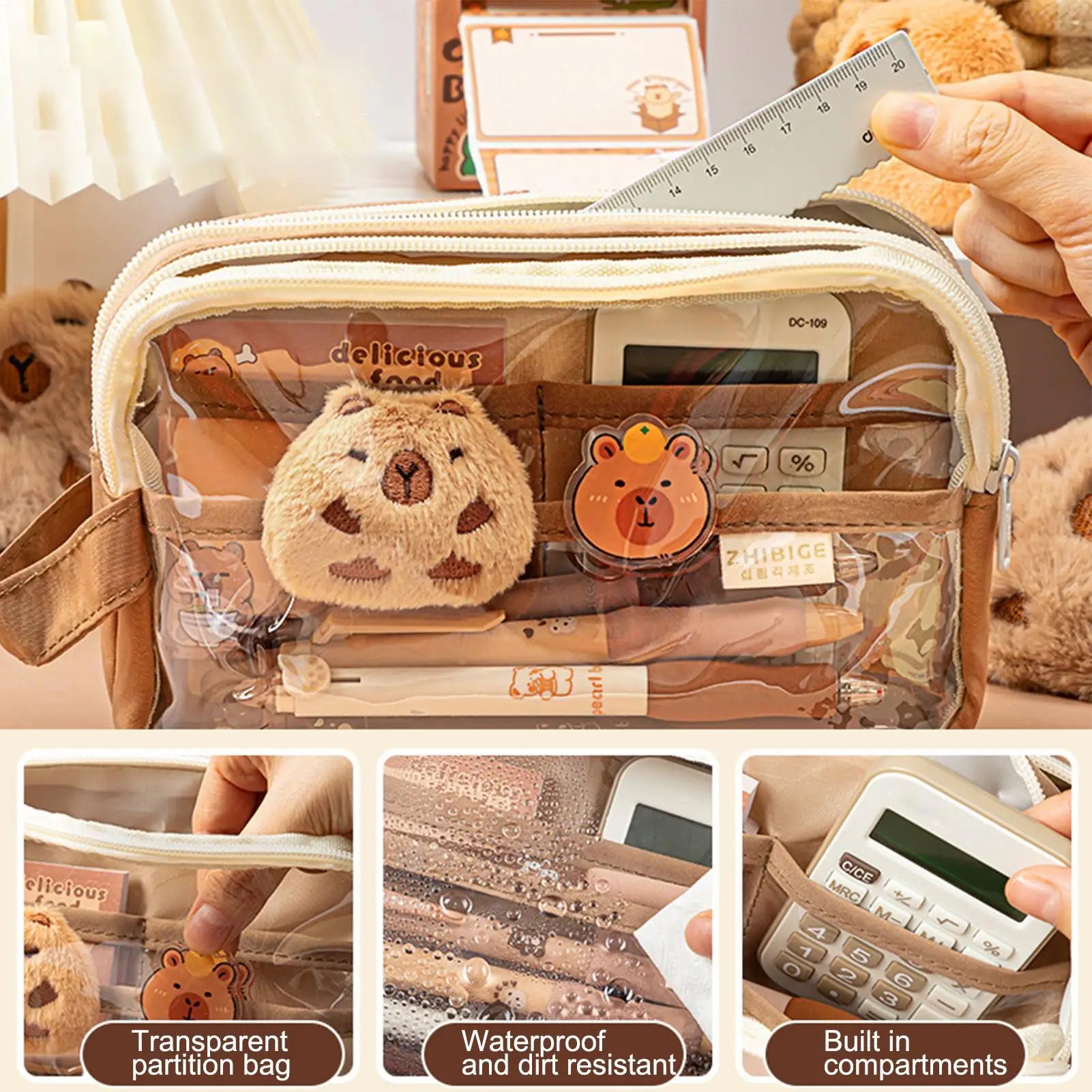 cute Capybara Print Large Capacity Pencil Case, Clear Stationery Organizer Bag for School Office Art Supplies Storage Girls Kids Peaceful Pleasures Health and Wellness