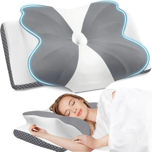 Ergonomic Memory Foam Neck Pillow for Pain Relief, Supports Side Back Stomach Sleepers, Grey Queen Size Peaceful Pleasures Health and Wellness United States