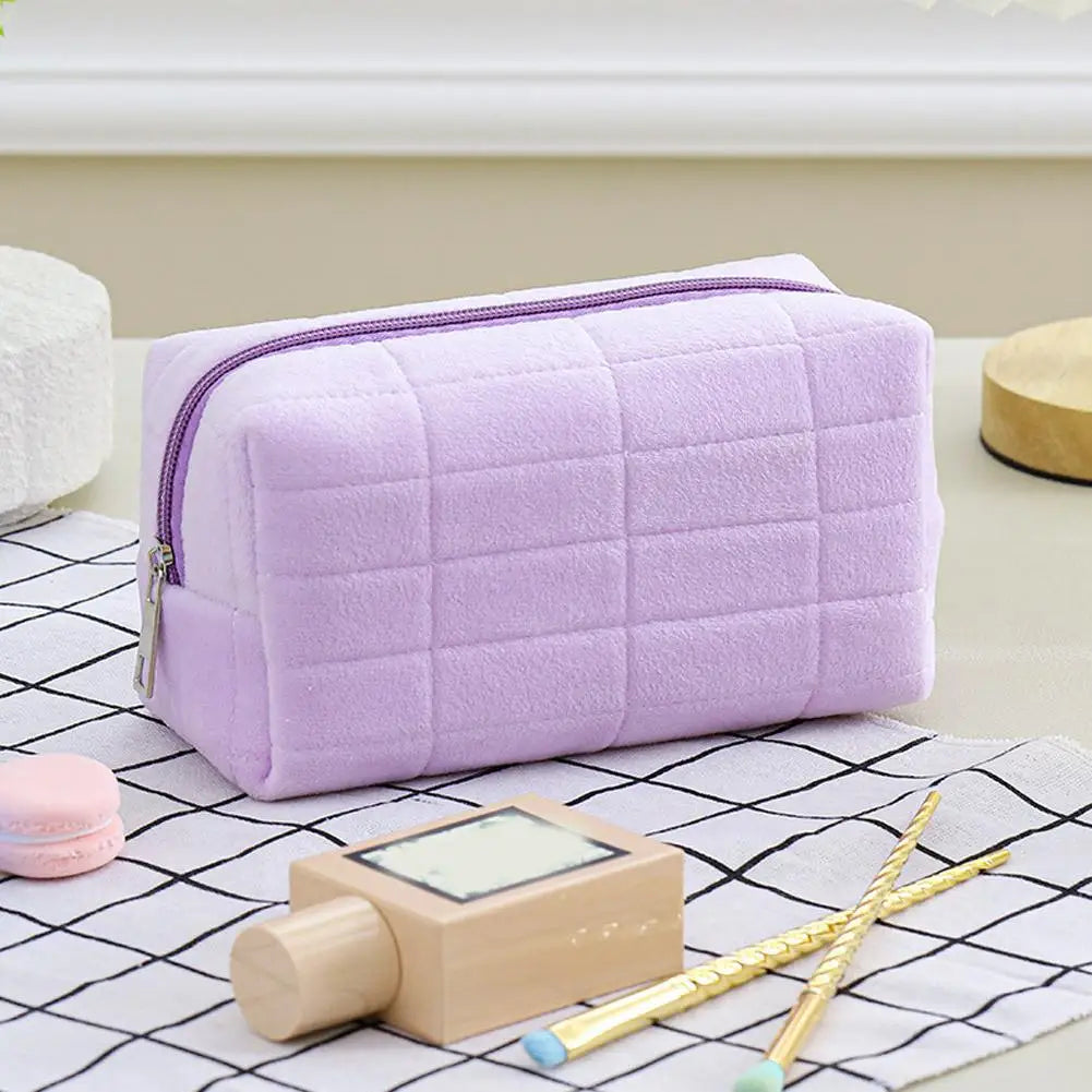 Cute Soft Plush Small Cosmetic Bag Portable Travel Pouch Solid Color Zipper Toiletry Storage Organizer for Women Makeup Bag Peaceful Pleasures Health and Wellness