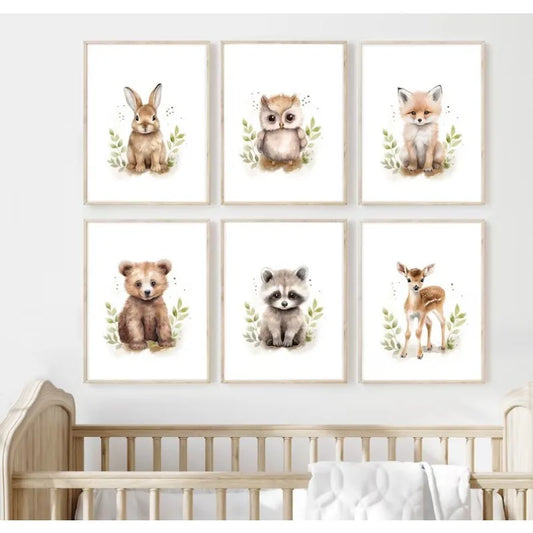 Watercolour Kawaii Woodland Baby Animals Bear Rabbit Raccoon Poster Canvas Painting Wall Art Pictures Home Bedroom Decor Peaceful Pleasures Health and Wellness