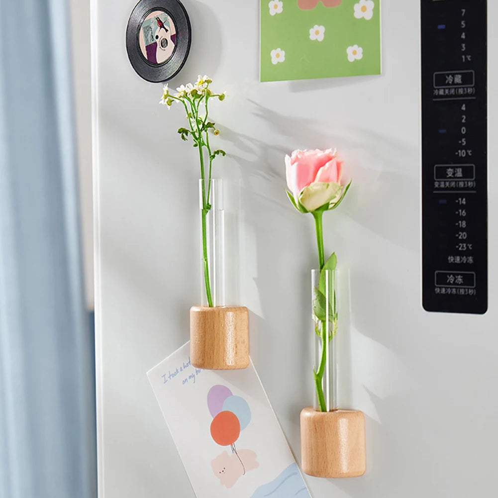 Mini Test Tube Glass Vase Wooden Magnetic DIY Hydroponic Plant Flower Arrangement Ornament Container Hanging Bonsai Decorating Peaceful Pleasures Health and Wellness