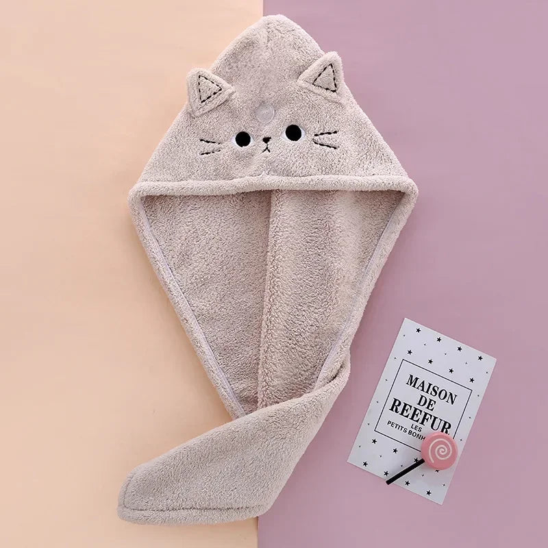 Quick-Dry Microfiber Hair Towel Cap – Cute Cat Turban for Women