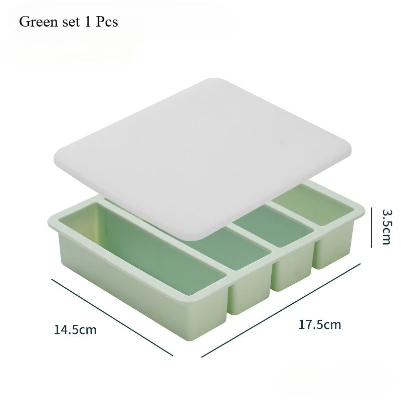 4 Grid Long Strip Square Ice-tray Food Grade Silicone Mold Home Reusable Rectangular Ice Tray Cube Ice Box With Lid or Lidless Peaceful Pleasures Health and Wellness Green set