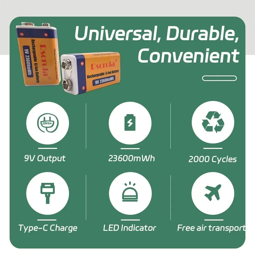 Rscrola 9V USB-C Rechargeable Battery 23600mWh Li-ion Constant Voltage for Guitar Pedal Smoke Detector Multimeter, Long Life Wit Peaceful Pleasures Health and Wellness