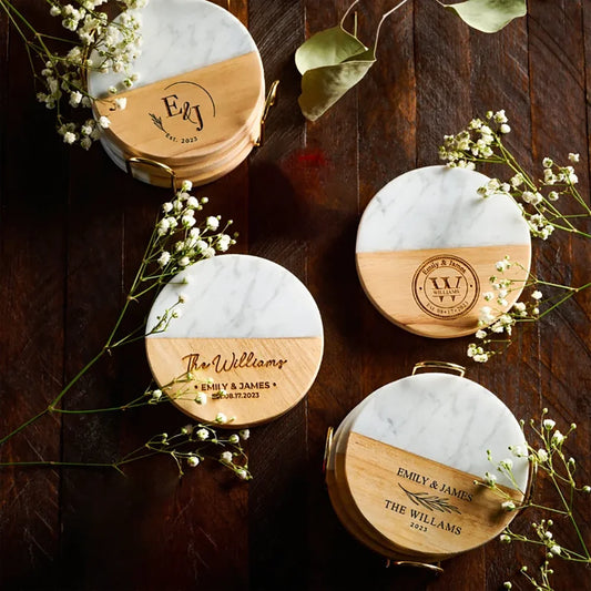 Personalized Marble & Wood Wedding Coasters | Gift for Her Personalized Coaster Set Peaceful Pleasures Health and Wellness