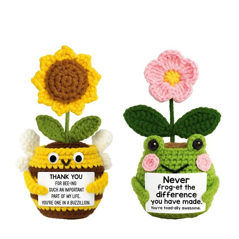 Handmade Crochet Frog Bee Plant Pot Doll | Desk Ornament Gift