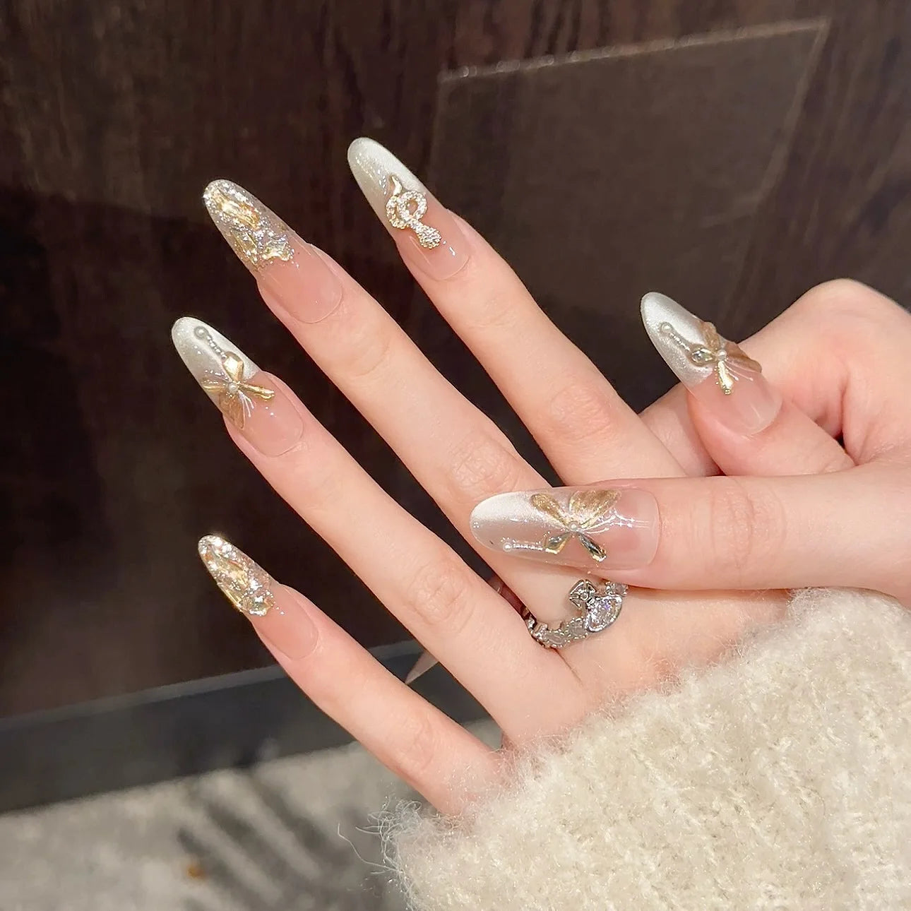 Handmade French Cat Eye Press on Nails Glitter Champagne Crystal Butterfly False Nails 3d Rhinestone Snake New Year Fake Nails Peaceful Pleasures Health and Wellness XS 2