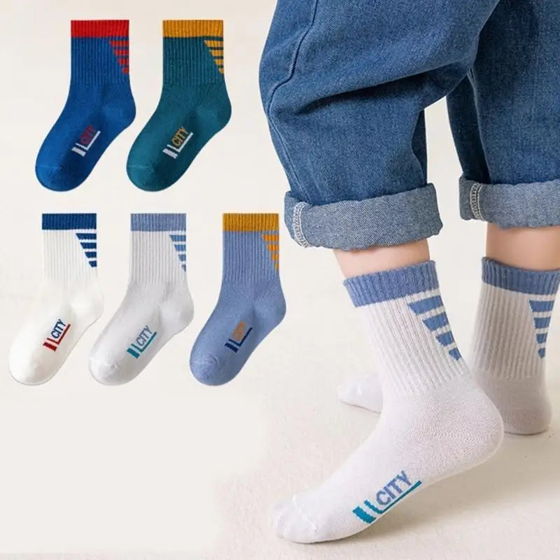 Kids Cotton Sport Socks 5 Pairs | Letter Print Boys & Girls