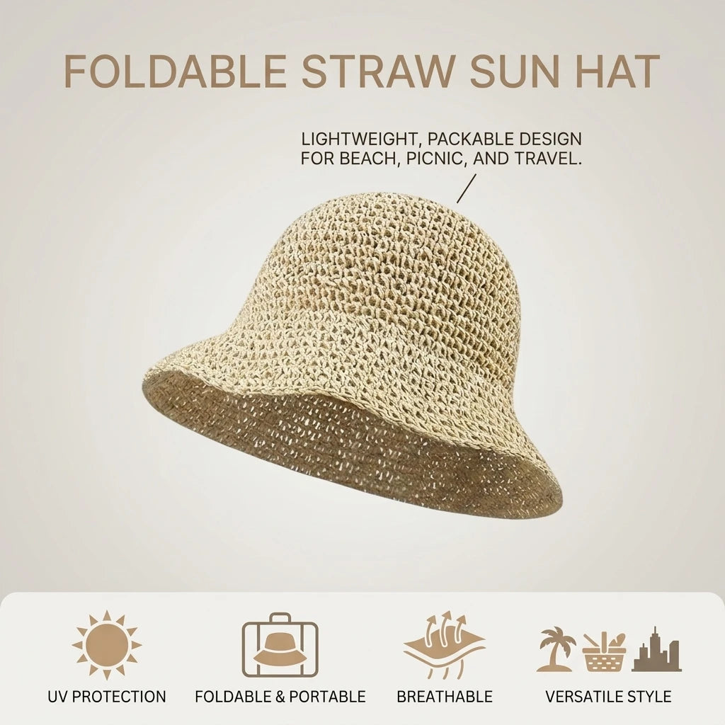 Women Foldable Straw Fisherman Hat Wide Brim for Sun-Protection Beach Travel Peaceful Pleasures Health and Wellness