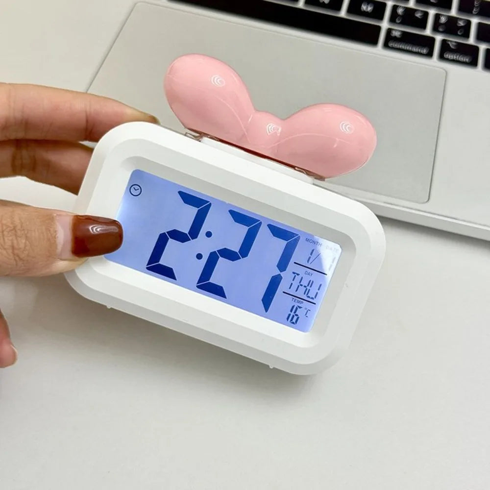 Cute Bowknot LED Digital Clock Temperature Detection Mini Alarm Clock with Night Light Gift Desktop Clock Bedside Decoration Peaceful Pleasures Health and Wellness White