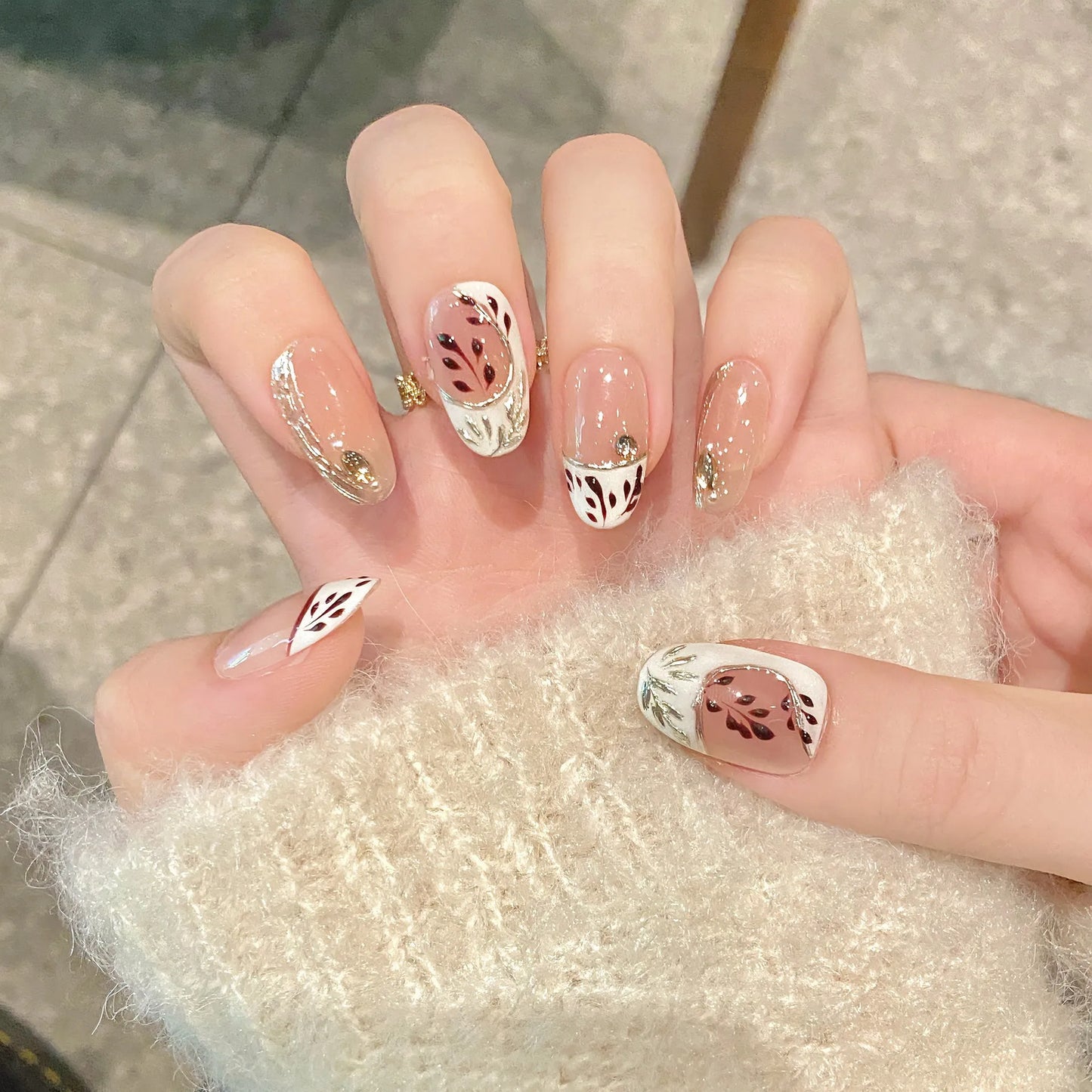 Handmade Maple Leaf Press-On Nails | French Diamond Milk White