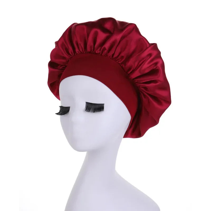Women's Satin Solid Wide-brimmed Sleeping Hat Night Sleep Cap Hair Care Bonnet Nightcap for Women Men Unisex Cap Bonnet De Nuit Peaceful Pleasures Health and Wellness Wine red