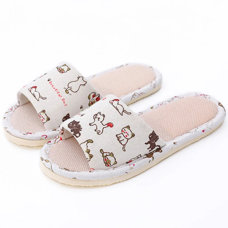 Women's Cartoon Cat Linen Slippers | Non-Slip Indoor Slides