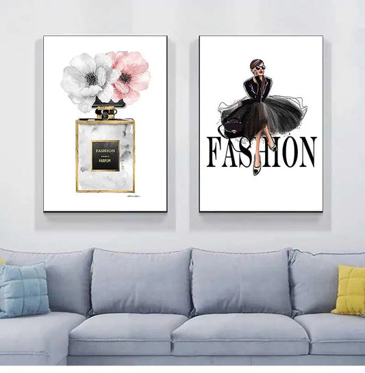 Nordic Canvas Wall Art – Black Dress & Perfume Flower Print Canvas Wall Art Print Peaceful Pleasures Health and Wellness