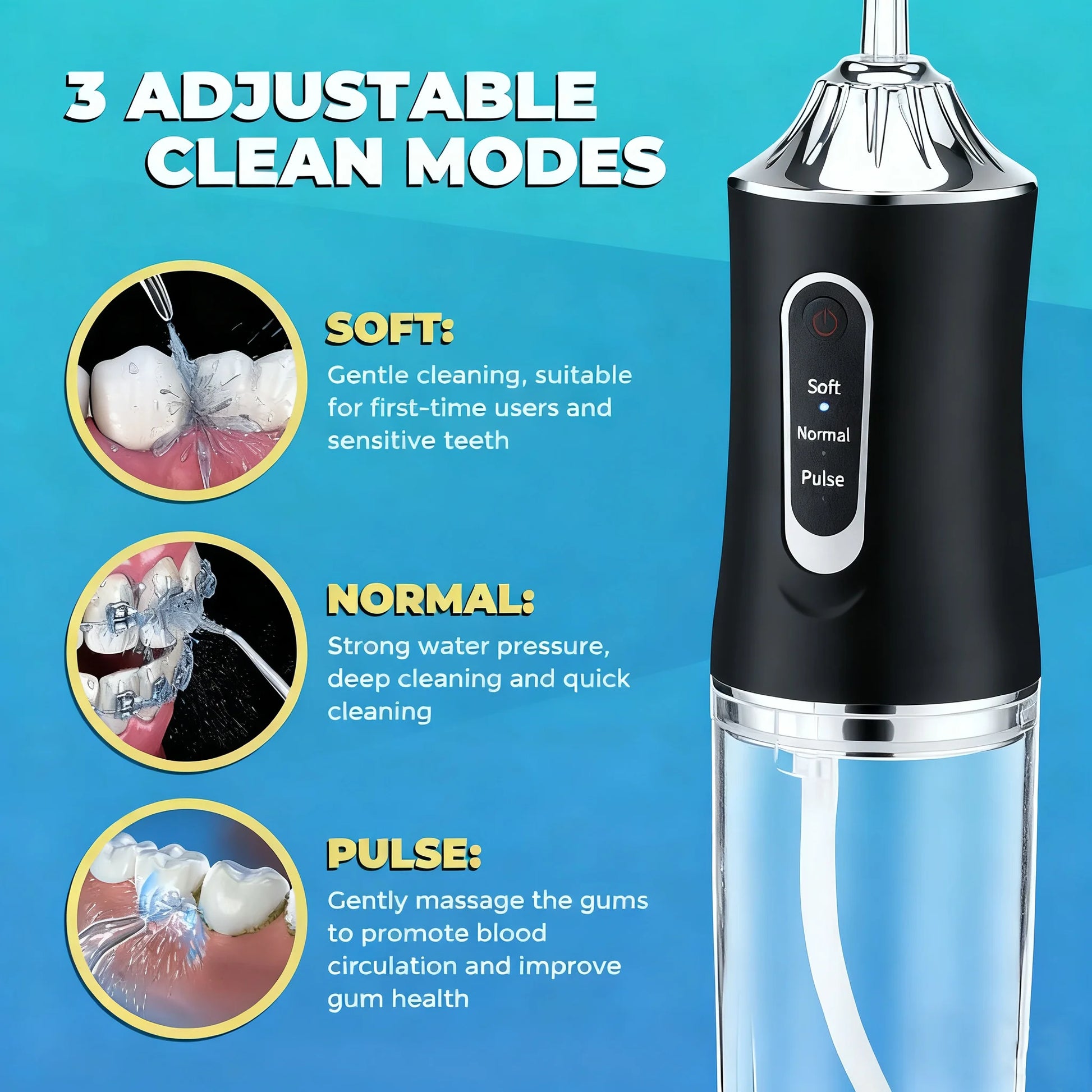Oral Irrigator Portable USB Rechargeable Dental Water Flosser Water Jet Floss Tooth Pick 4 Jet Tip 220ml 3 Modes IPX7 Waterproof Peaceful Pleasures Health and Wellness