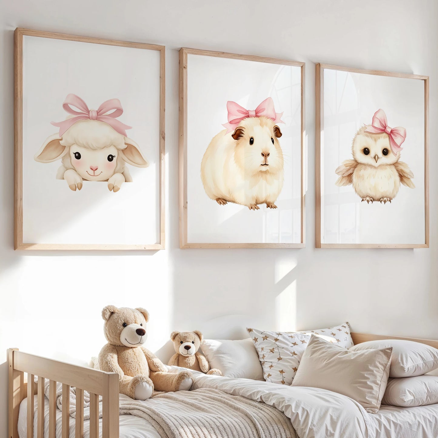 3-Piece Cartoon Animals Pink Bow Canvas Wall Art | Kids Room