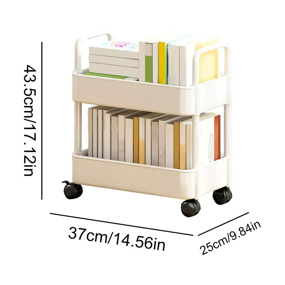 2-Tier Movable Bookshelf Cart with Wheels Multi-Purpose Storage Rack for Books Toys Snacks Household Mobile Organizer Peaceful Pleasures Health and Wellness White