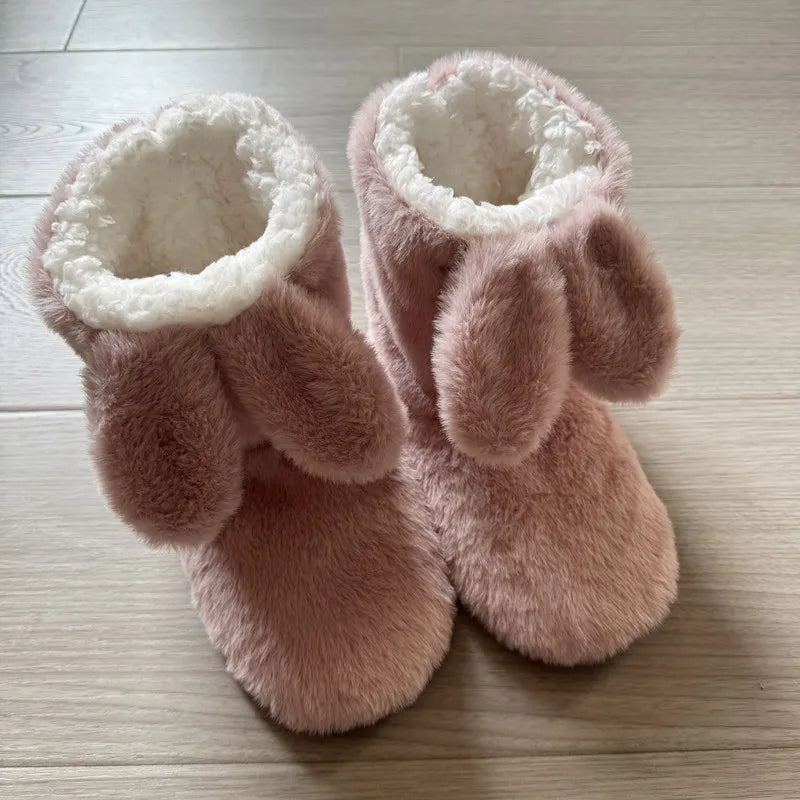 Women's Rabbit Ear Fuzzy Plush Slipper Boots | Warm Indoor Shoes