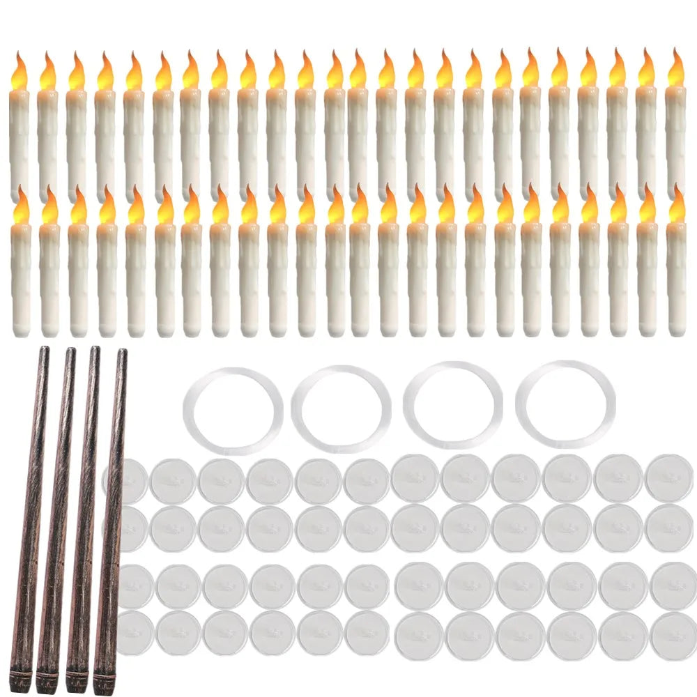 Floating Candles with Wand Magic Hanging Candles Flameless Flickering LED Taper Candle with Wand Remote Battery Window Candles Peaceful Pleasures Health and Wellness 48pcs set with wand