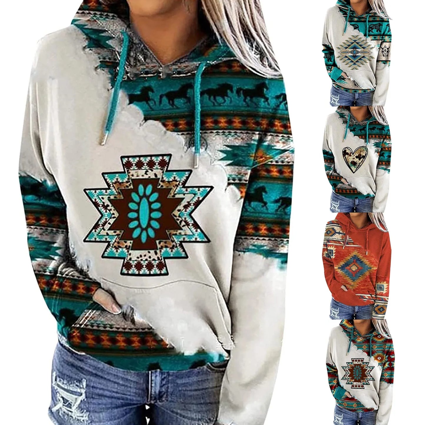 Women's Geometric Horse Print Hoodie | Ethnic Pullover