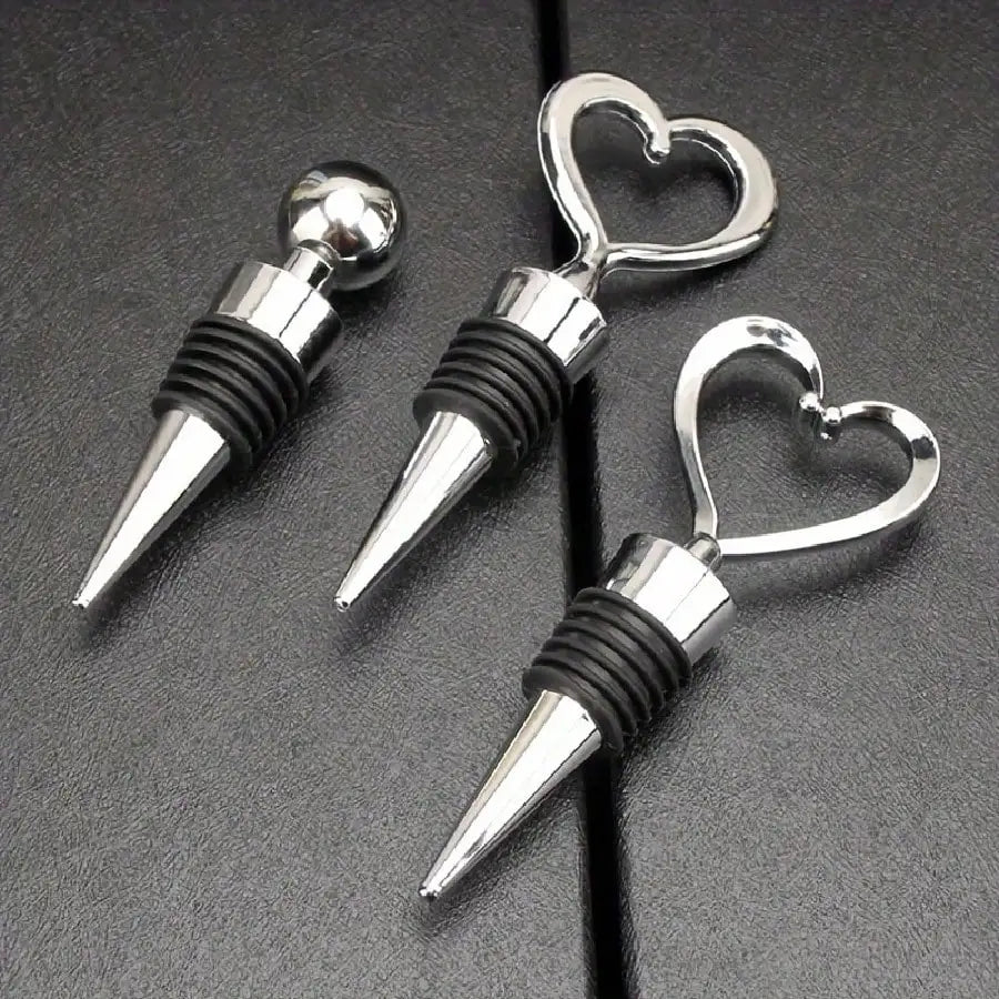 Heart Shape Wine Bottle Stoppers – Set of 4 | Silver & Champagne