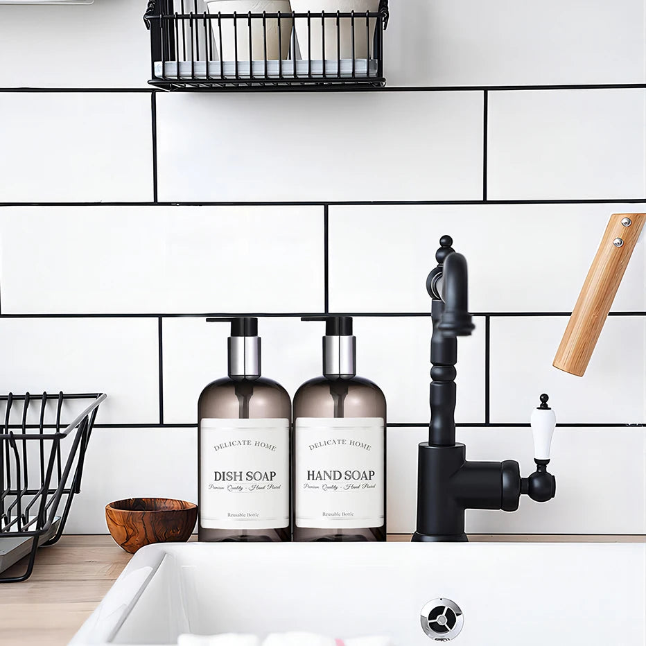 Refillable Shampoo and Conditioner Dispenser Shampoo Bottles with Pump Waterproof Labels Chic Shower Soap Dispenser Peaceful Pleasures Health and Wellness