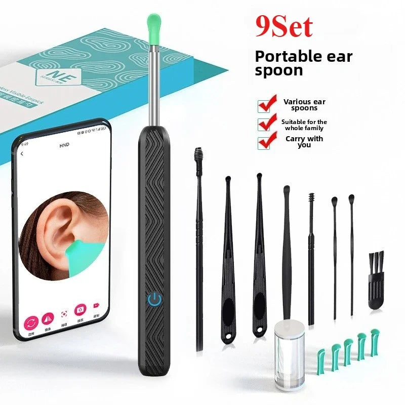 Visual Ear Wax Cleaner with Camera Safe Earwax Removal Endoscope with 5M Camera Luminous Otoscope Ear Cleaning Tools Ear Care Peaceful Pleasures Health and Wellness 9Pcs Set Black