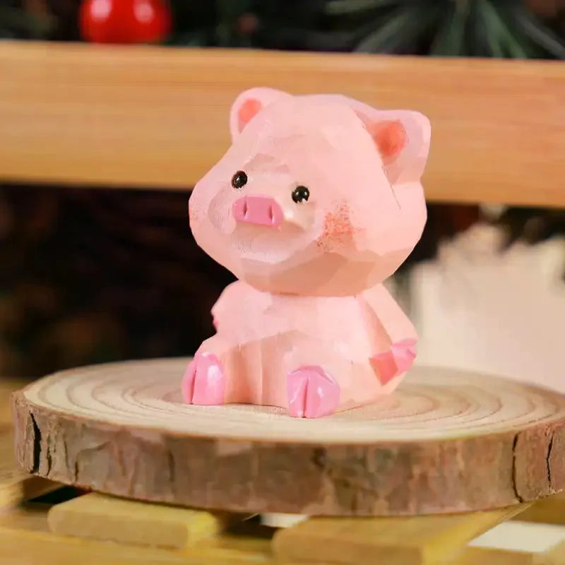 Handmade Wooden Pig Figurine Fu Character Desk Ornament Gift
