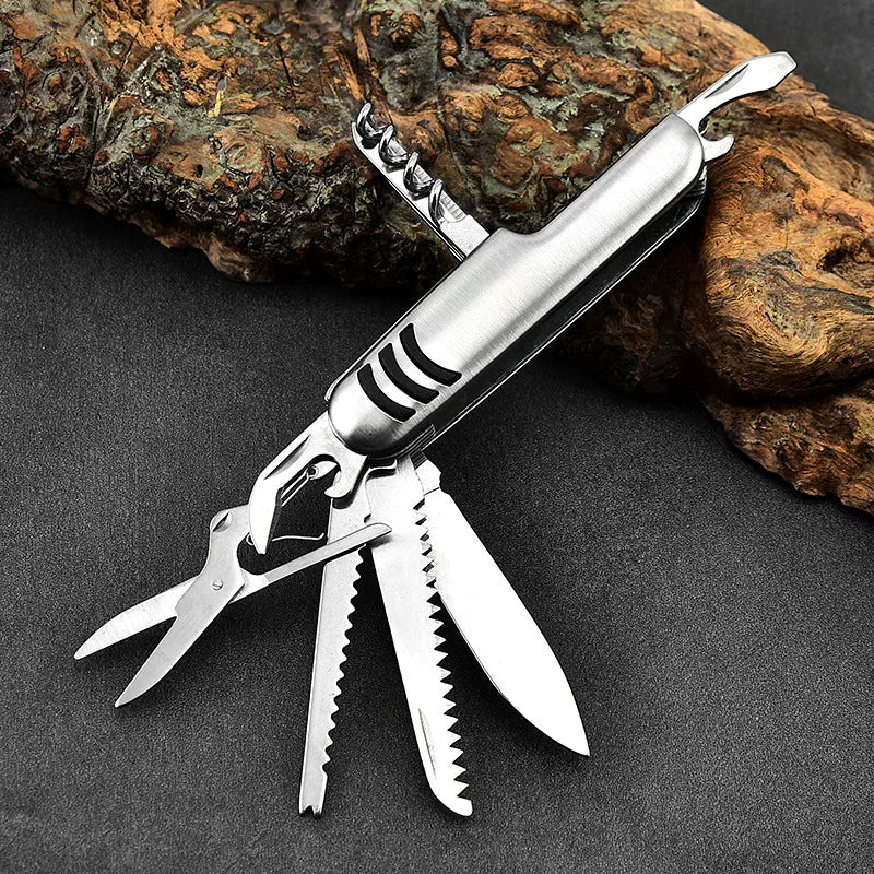 New Portable 11in1 Fold Pocket Knife Stainless Steel Bottle Opener Cork Drill Carry Around Multifunction Outdoor Emergency Tool Peaceful Pleasures Health and Wellness