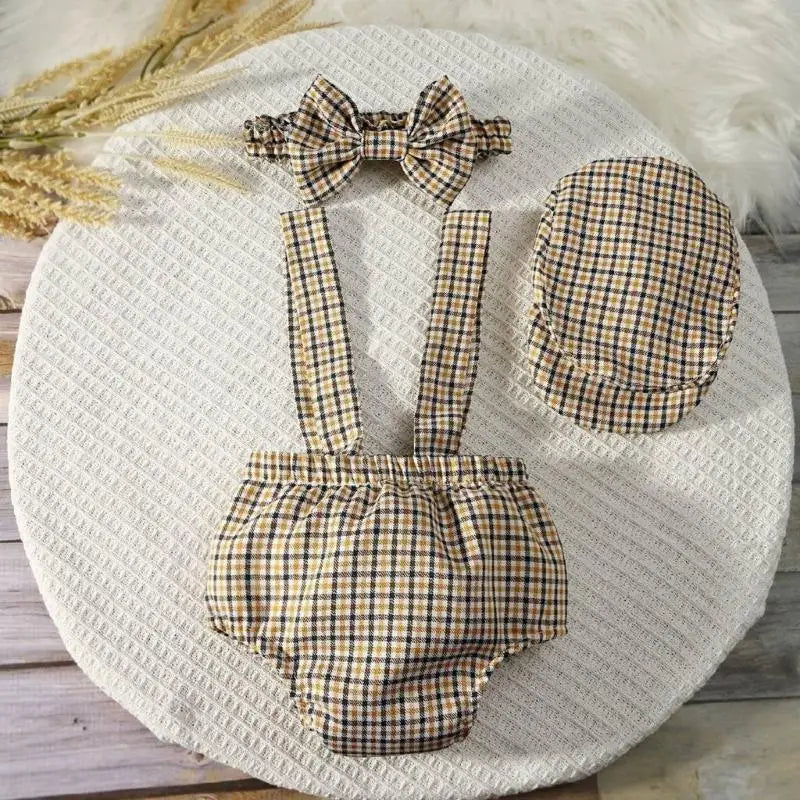 Newborn Boy Gentleman Outfit – Checkered Pants, Hat & Bowtie