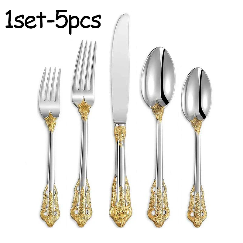 Stainless Steel Dinnerware Sets High-grade Knife Fork And Spoons Cutlery Kits Gold Plated Floral Pattern Tableware Dropship Peaceful Pleasures Health and Wellness 1set silver golden