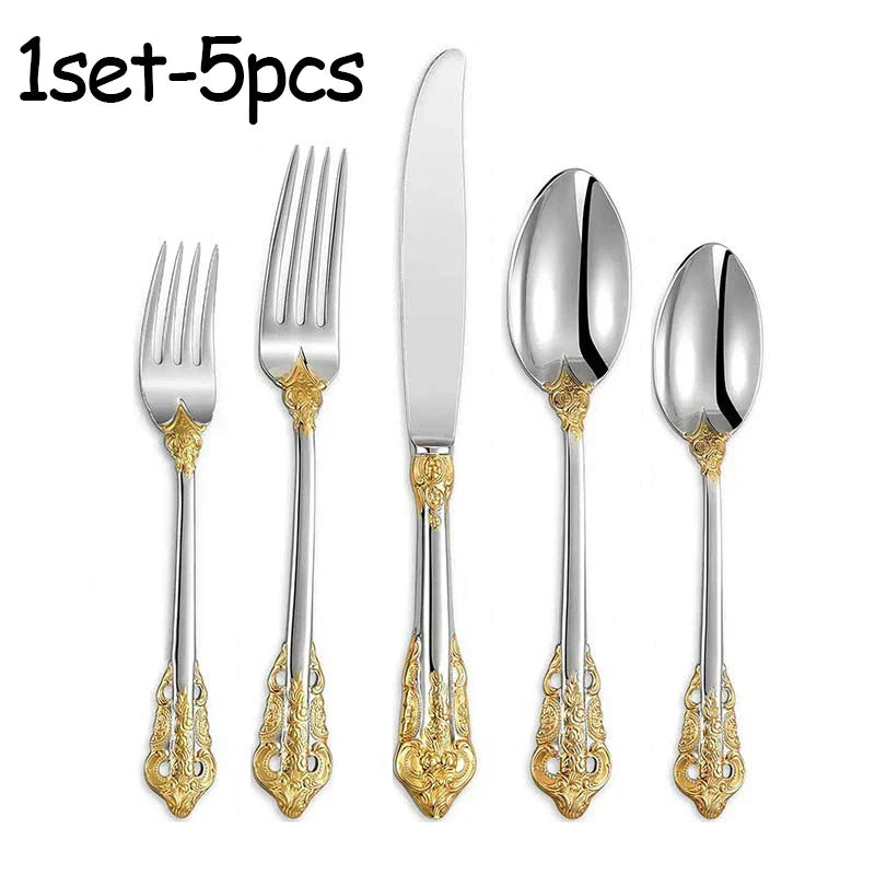 Gold Floral Stainless Steel Cutlery Set – Knife Fork Spoon