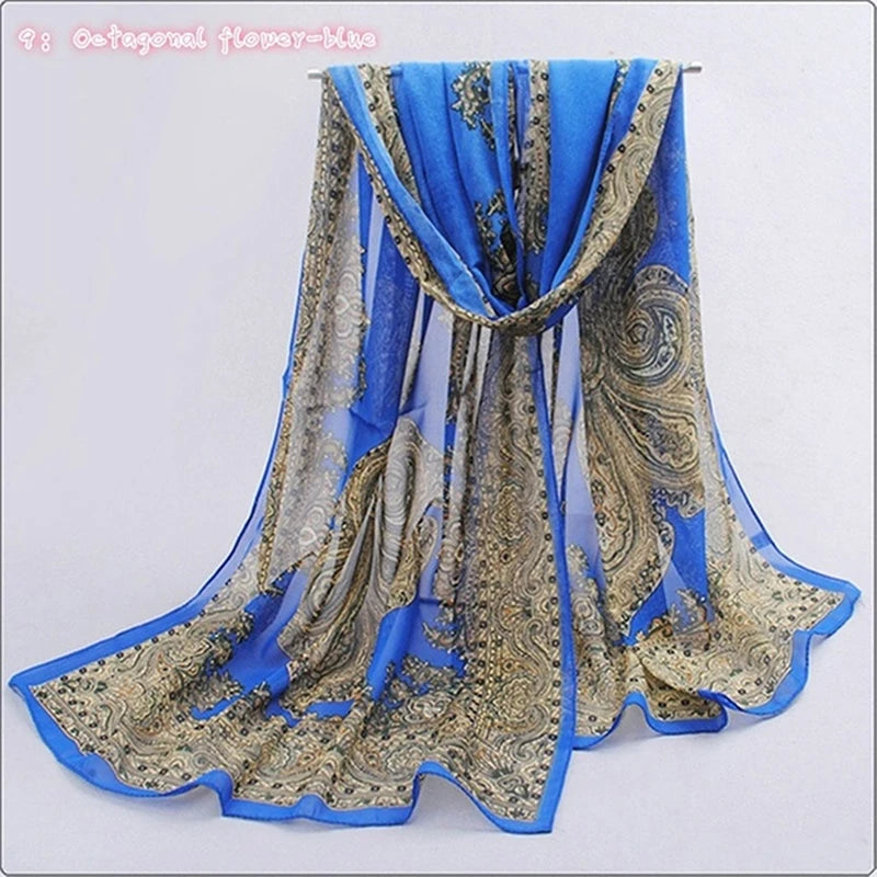 Women Chiffon Scarf Fashion Leisure Butterflies Branch Pattern Long Shawl Versatile Elegant Minimalist Retro Female Scarves Peaceful Pleasures Health and Wellness Octagonal Blue 1 One Size