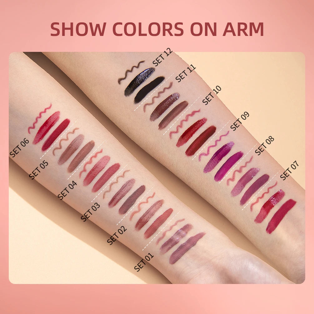 QIBEST Hots 3pcs Liquid Lipstick And Lip Liner Makeup Sets Nude Velvet Lip Gloss Lip Tint Lasting Black Lip Glaze Cosmetics Kits Peaceful Pleasures Health and Wellness