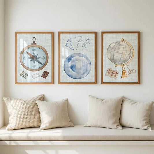 3-Piece Adventure Nursery Canvas Wall Art | Compass Globe Moon Canvas Wall Art Set Peaceful Pleasures Health and Wellness G5372-3pcs 40x50cm Unframed