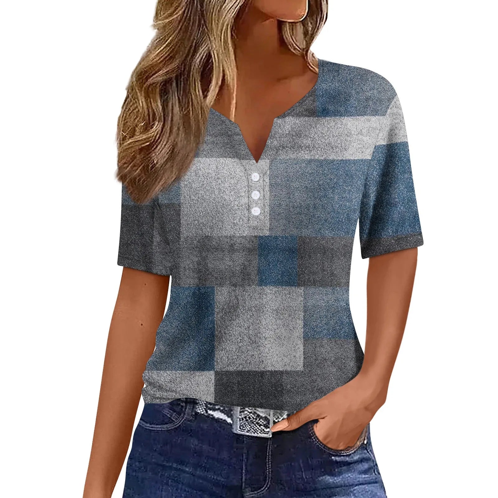 2024 Summer Patchwork T-Shirts Button Tops Womens Casual Short Sleeve Loose Ladies V-Neck Female Street Clothes Pullover Peaceful Pleasures Health and Wellness