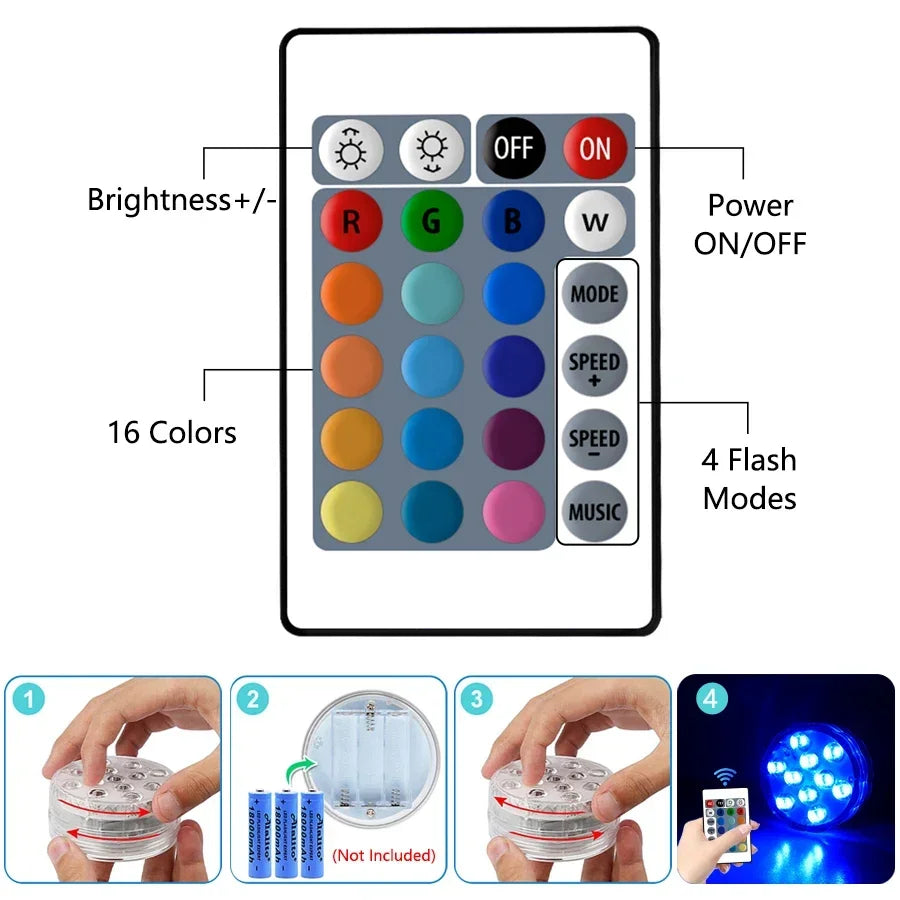 RGB Submersible LED Lights – 10 LED, IP68, Remote Control