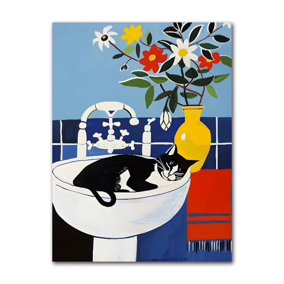 Funny Black Cat Toilet Canvas Wall Art | Bathroom Decor