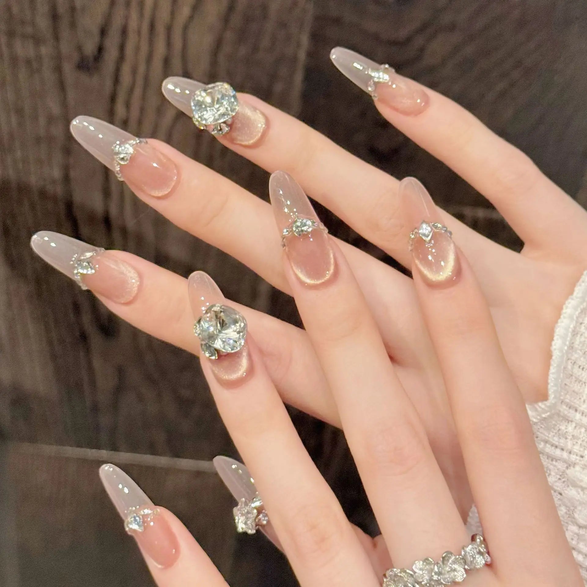 10pcs Handmade Champagne Flash Anti-French Press on Nails Cat's Eye Fake Nails Luxury Wearable Long False Nails K9 Diamond Decor Peaceful Pleasures Health and Wellness