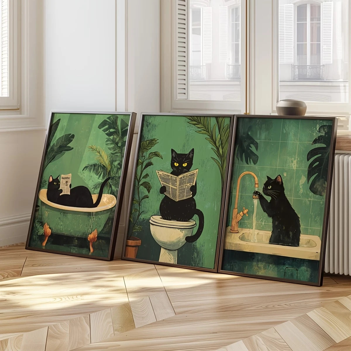 3-Piece Funny Black Cat Canvas Wall Art | Bathroom & Home Decor