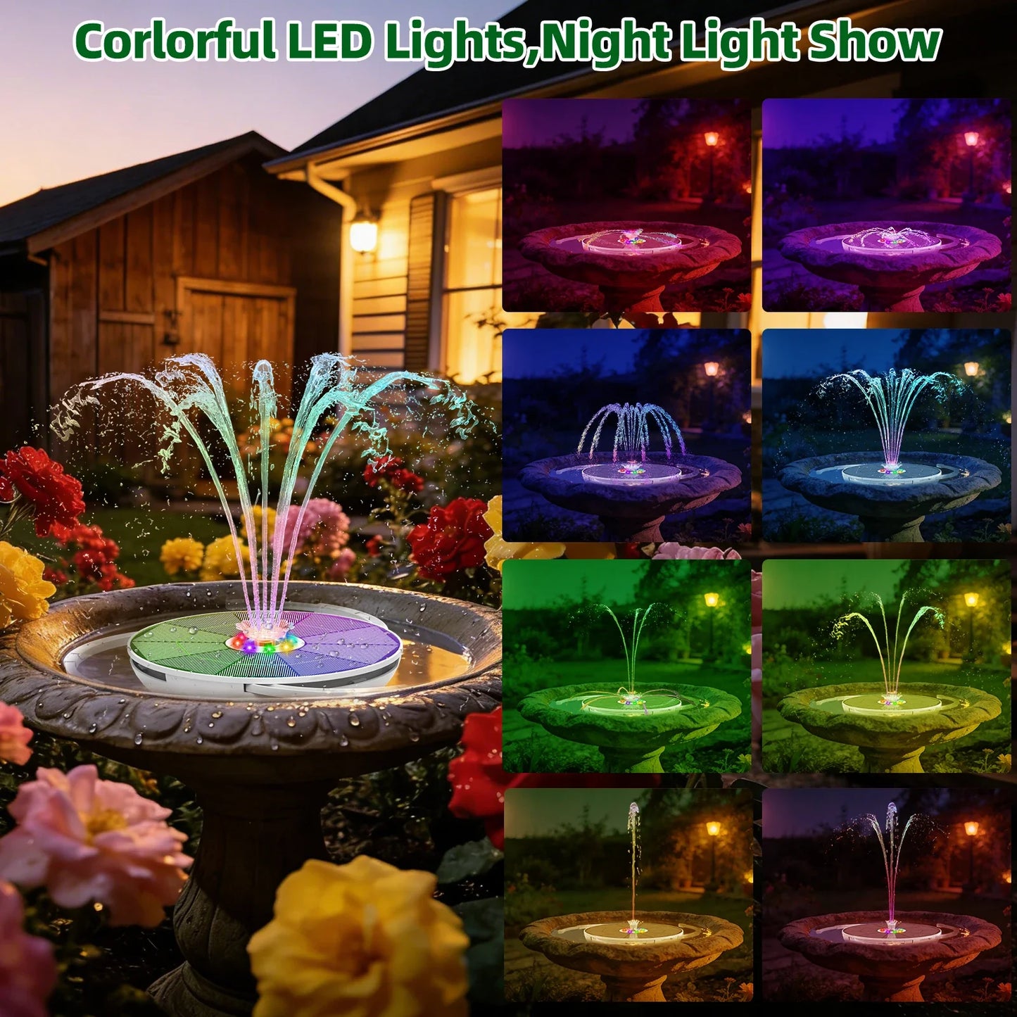 6.5W Solar Bird Bath Fountain Pump – LED Lights & Battery